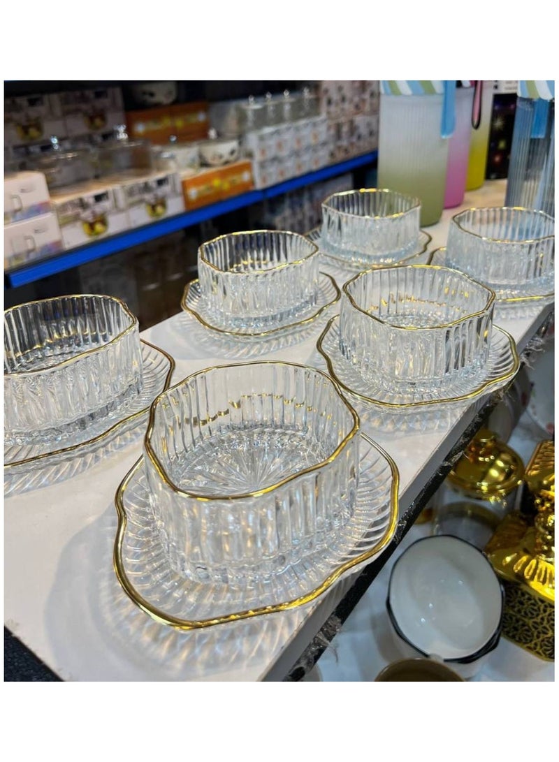 Gold-rimmed ribbed dessert set, perfect for muhallebi, qamar al-din, and rice pudding. Also suitable for fruits, nuts, sweets, and salads. The plates can be used for pickles and cakes. Set includes 12 pieces: 6 bowls + 6 plates. - Image 3